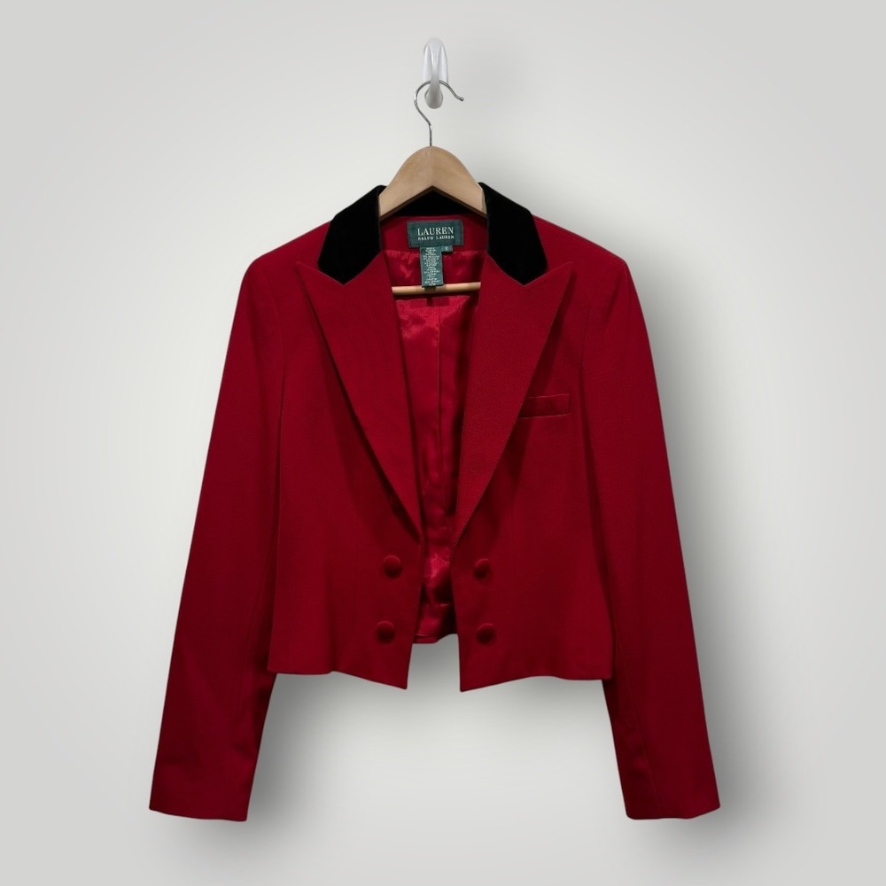 Lauren Ralph Lauren Red Wool Velvet Collar Cropped Blazer Jacket Womens 10